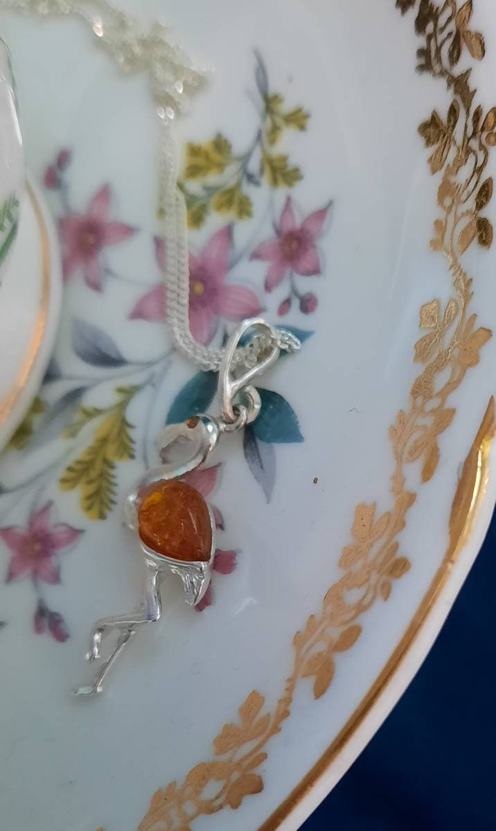 Beautiful Sterling Silver Cognac Amber Flamingo Necklace and Earring Set.