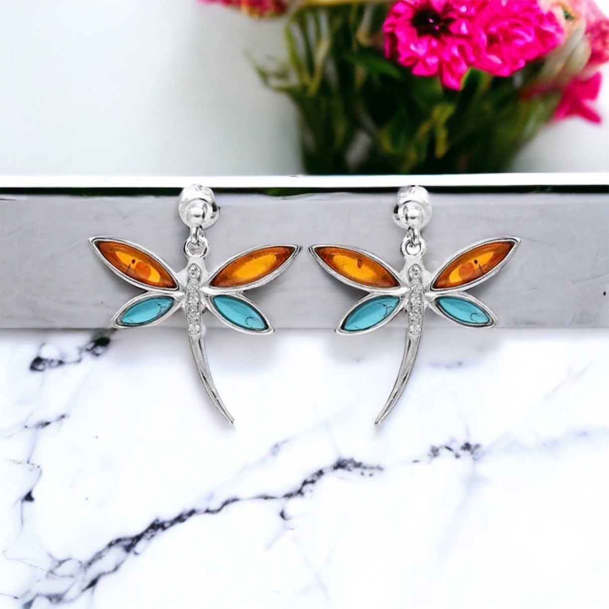 Beautiful amber and turquoise dragonfly drop stud earrings
