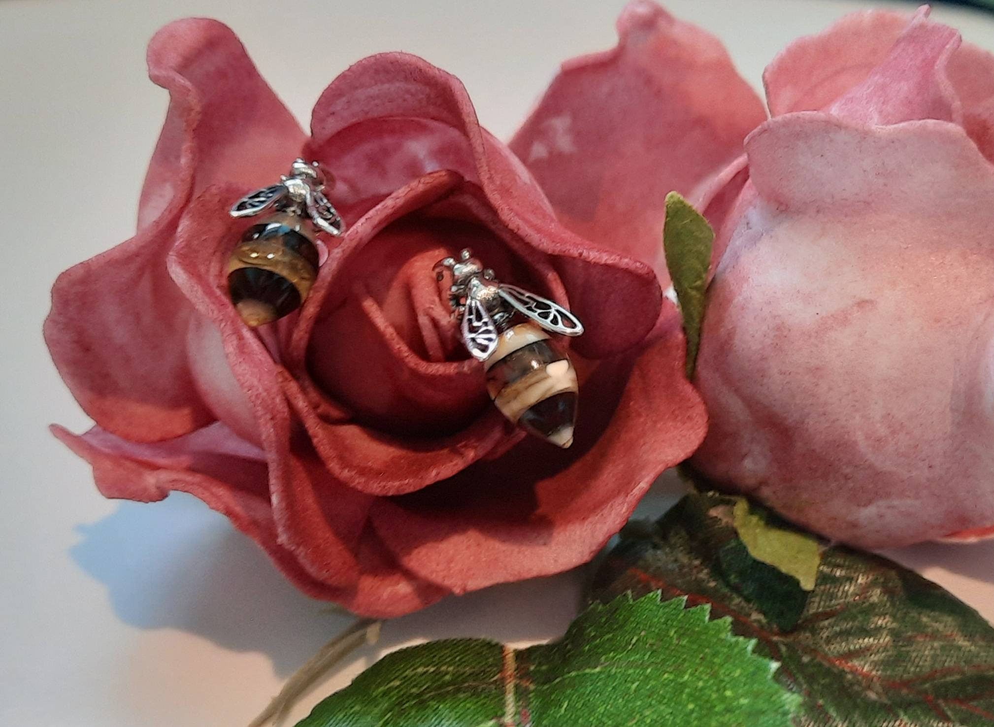 Stunning Designer Bee Earrings made of solid sterling silver 925 with amber stones.