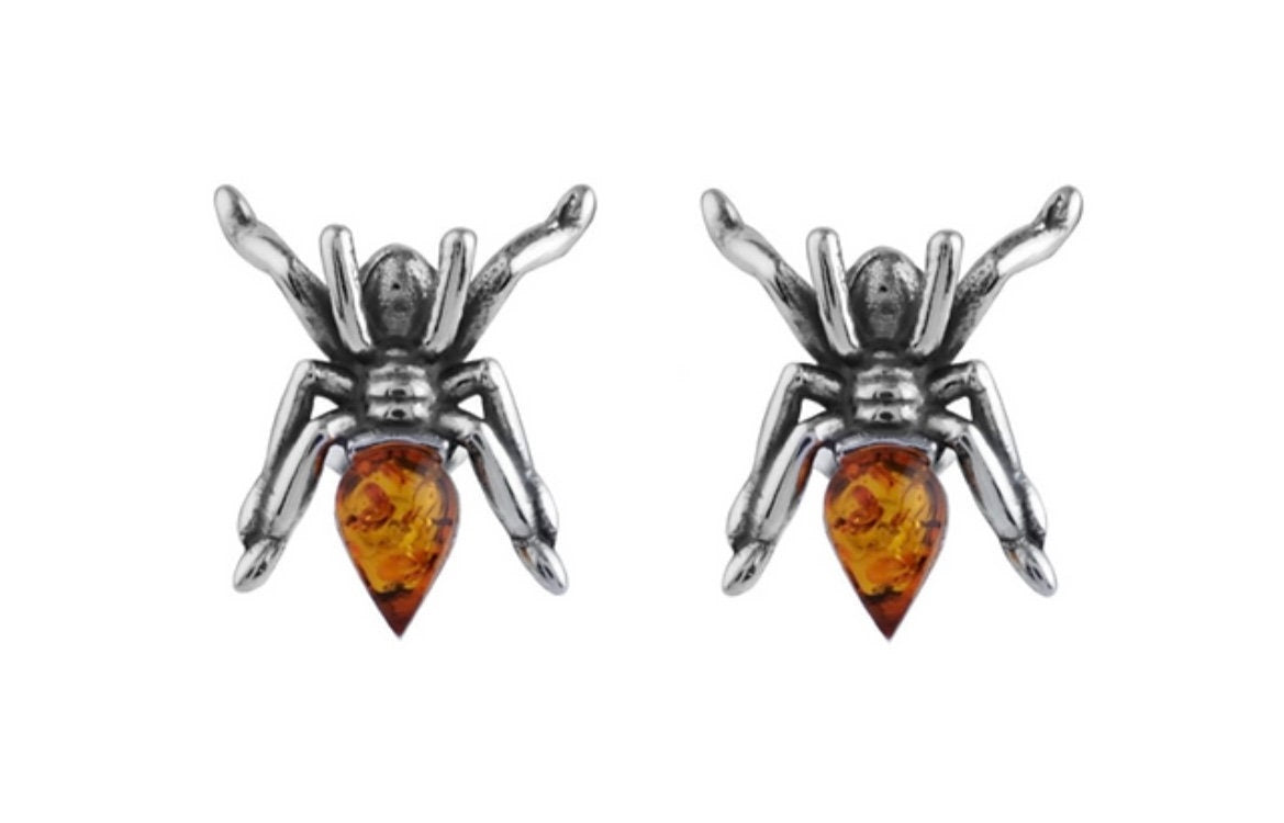 Cute Spider Earrings made of silver and cognac amber