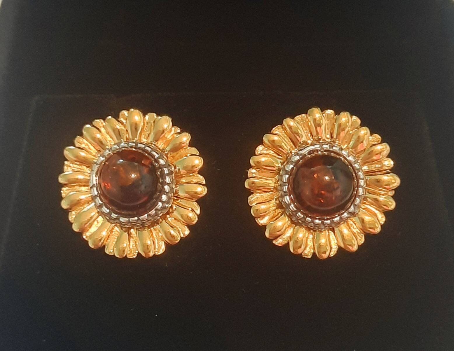 Beautiful Cognac Amber Sunflower Earrings