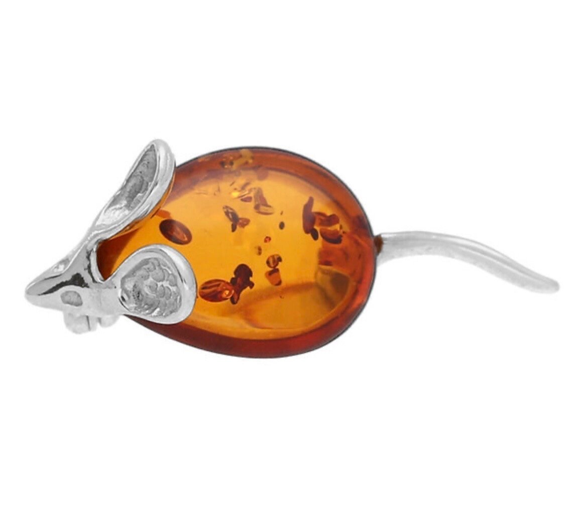 Beautiful Silver And Cognac Amber Mouse Brooch