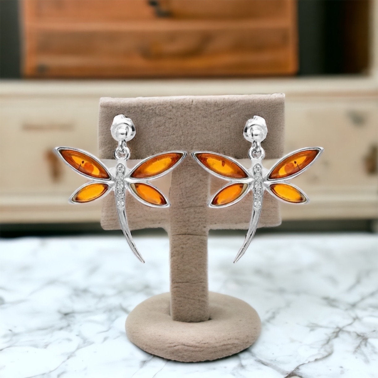 Beautiful amber dragonfly drop stud earrings