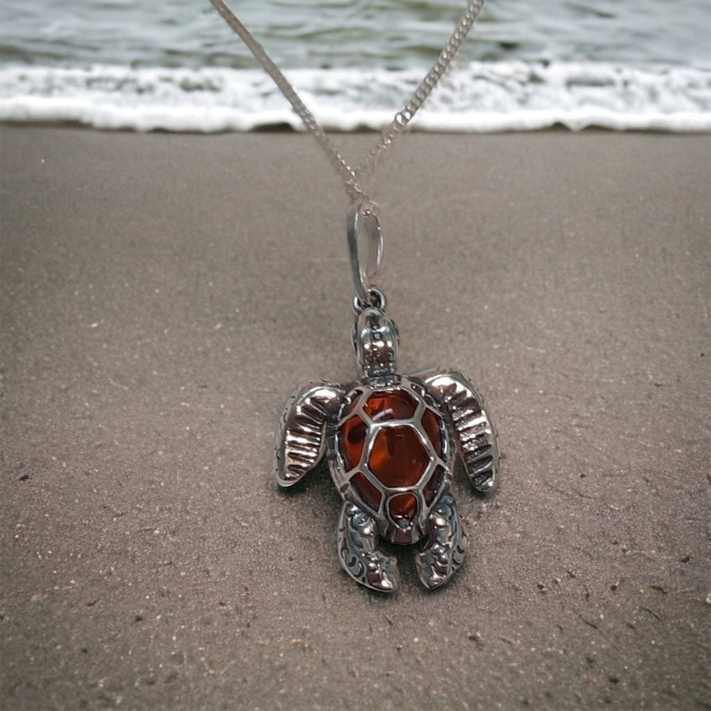 Beautiful Sterling Silver Cognac Amber Sea Turtle Necklace