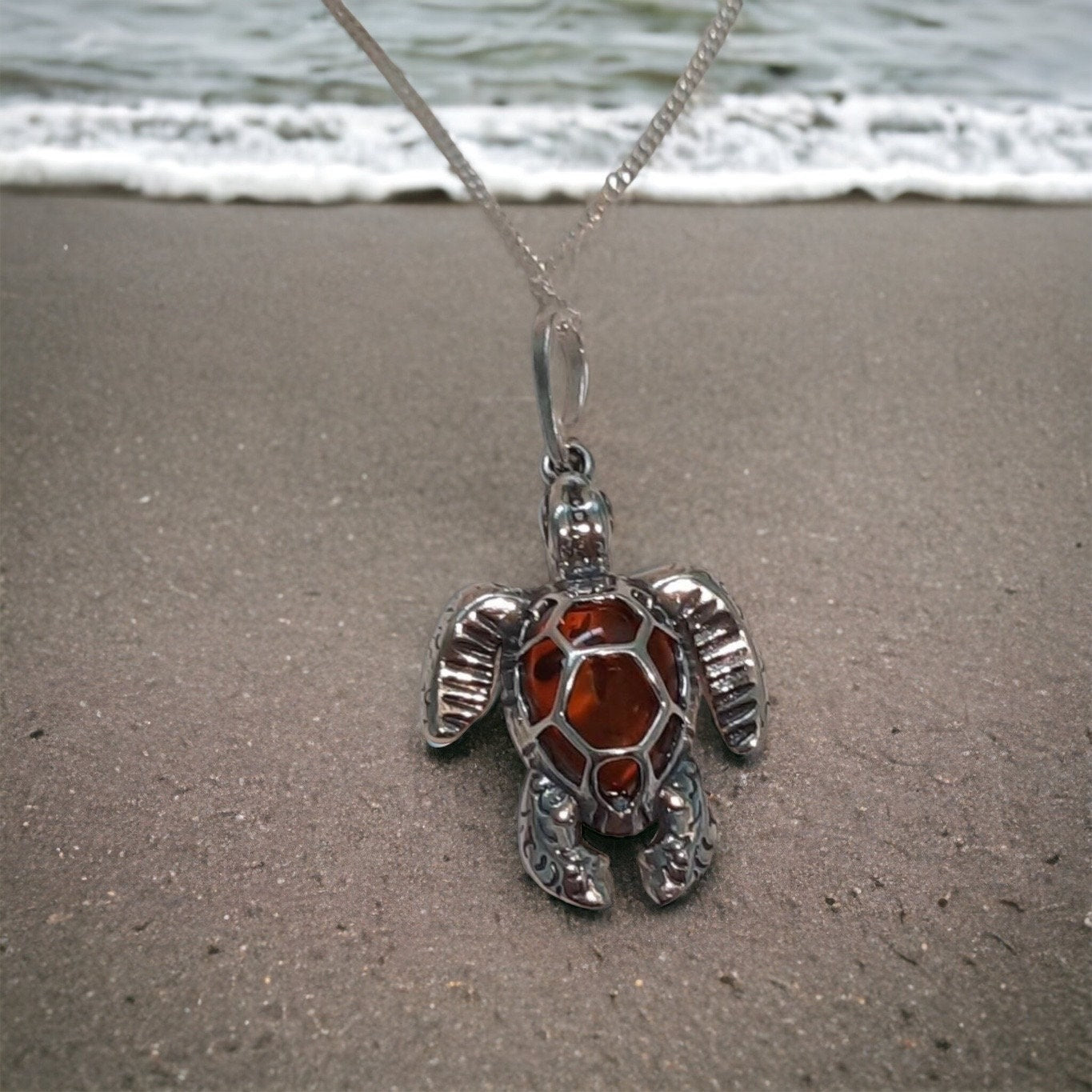 Beautiful Sterling Silver Cognac Amber Sea Turtle Necklace