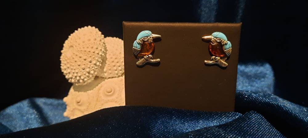 Beautiful Turquoise And Baltic Cognac Amber Kingfisher Earrings.