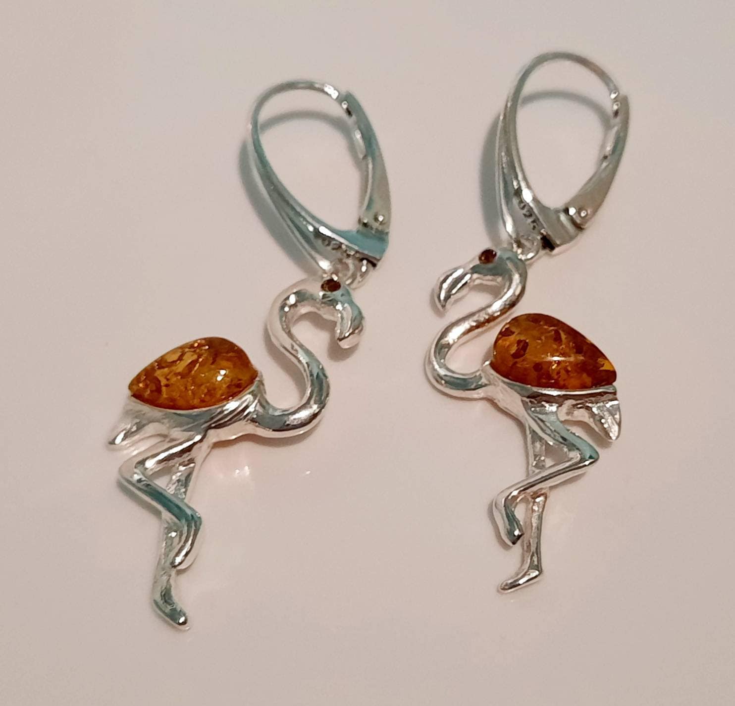 Beautiful Sterling Silver Cognac Amber Flamingo Necklace and Earring Set.