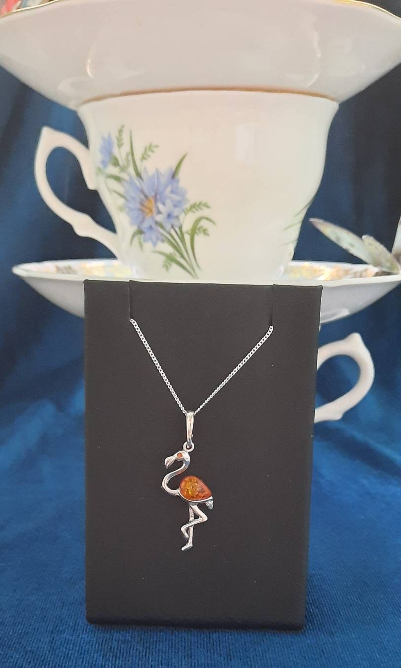 Beautiful Sterling Silver Cognac Amber Flamingo Necklace and Earring Set.