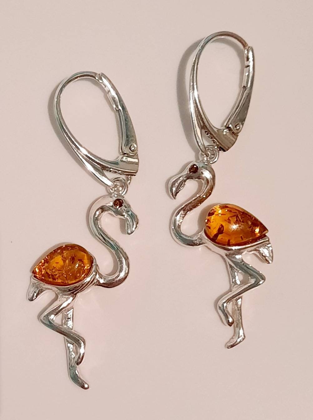 Beautiful Sterling Silver Cognac Amber Flamingo Necklace and Earring Set.