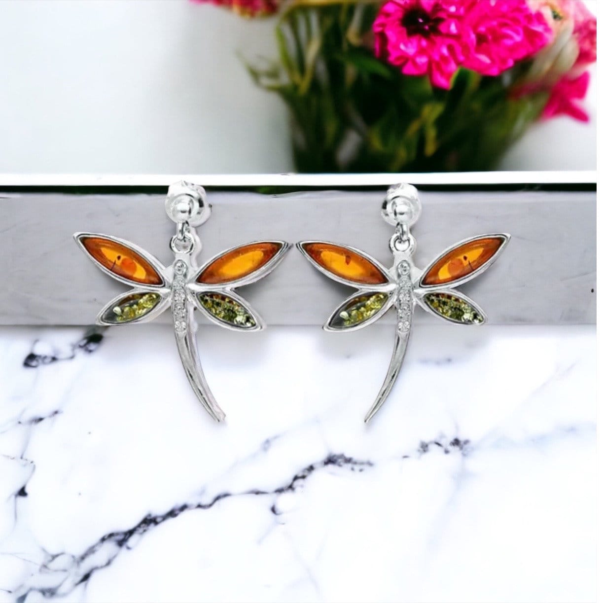 Beautiful cognac amber and green amber  dragonfly drop stud earrings