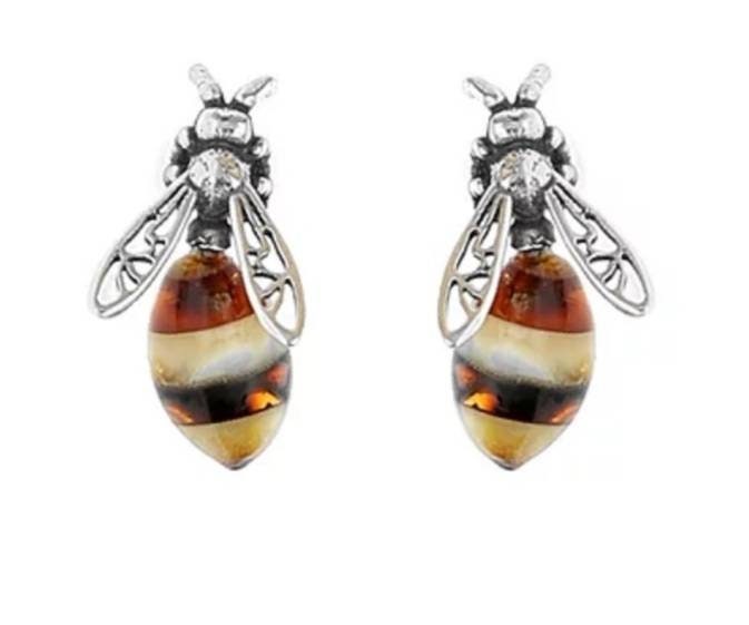 Stunning Designer Bee Earrings made of solid sterling silver 925 with amber stones.