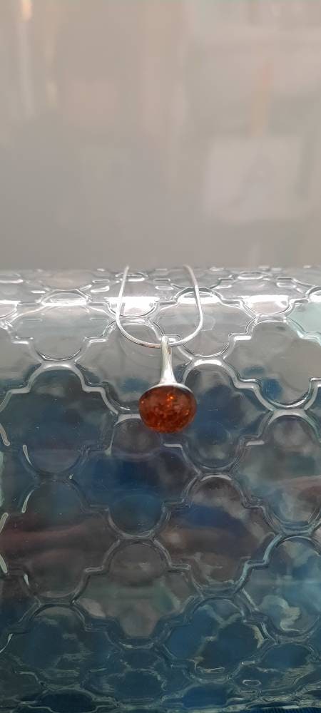 Elegant Round Cognac Amber and Sterling Silver Necklace.