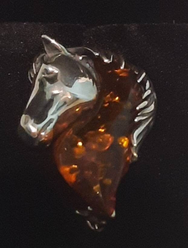 Beautiful Sterling Silver and Cognac Amber Horse Brooch