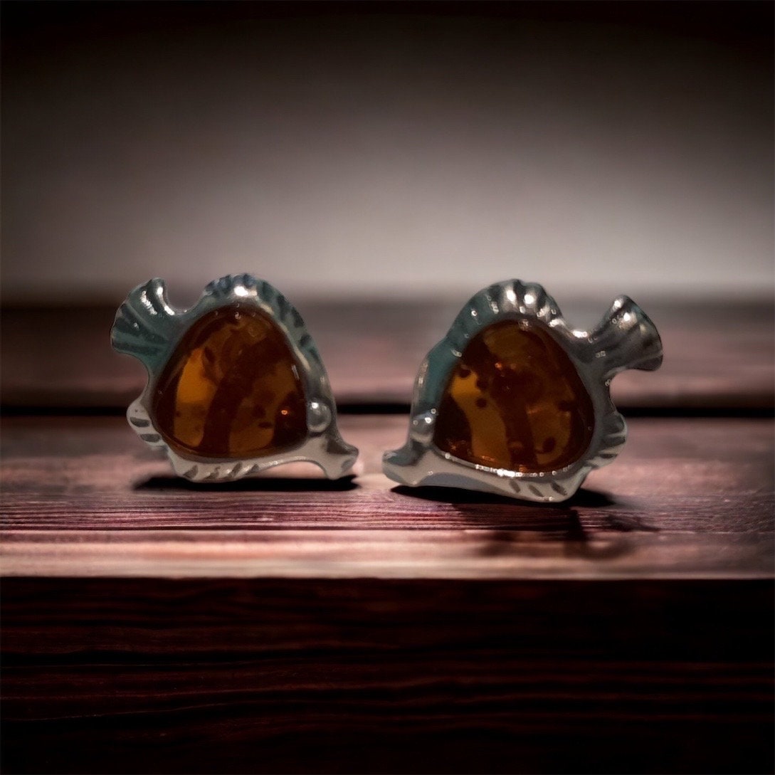 Beautiful Angel Fish Sterling Silver and Cognac Amber Stone Stud Earrings