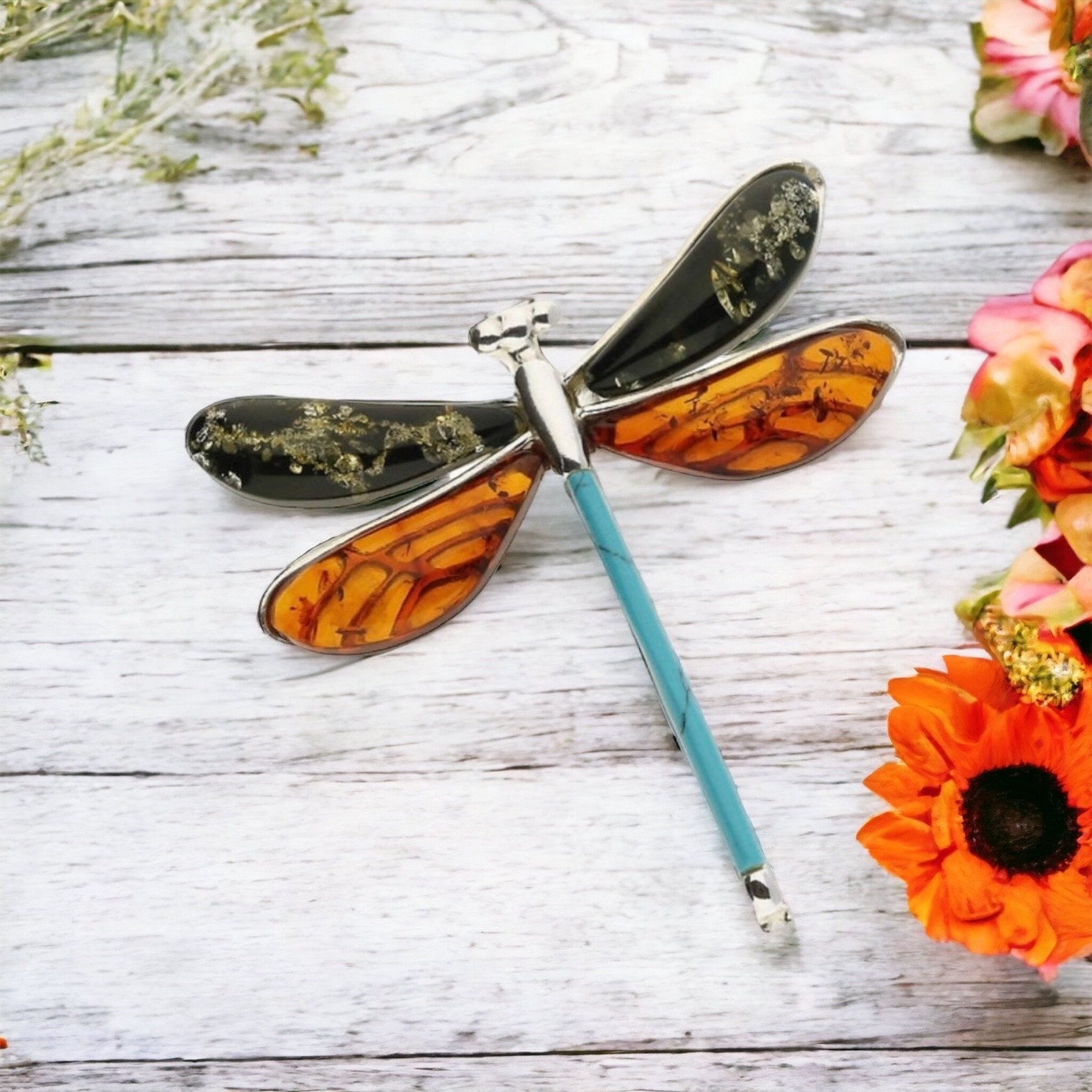 Beautiful Mixed Amber and Turquoise Dragonfly Necklace