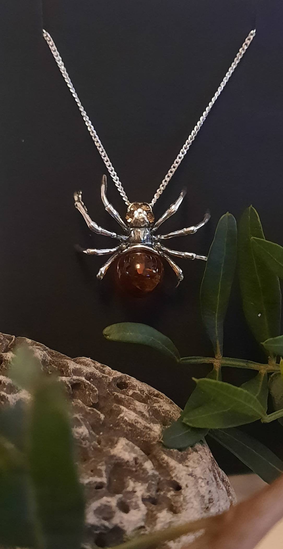 Beautiful Sterling Silver and Cognac Amber Spider Necklace