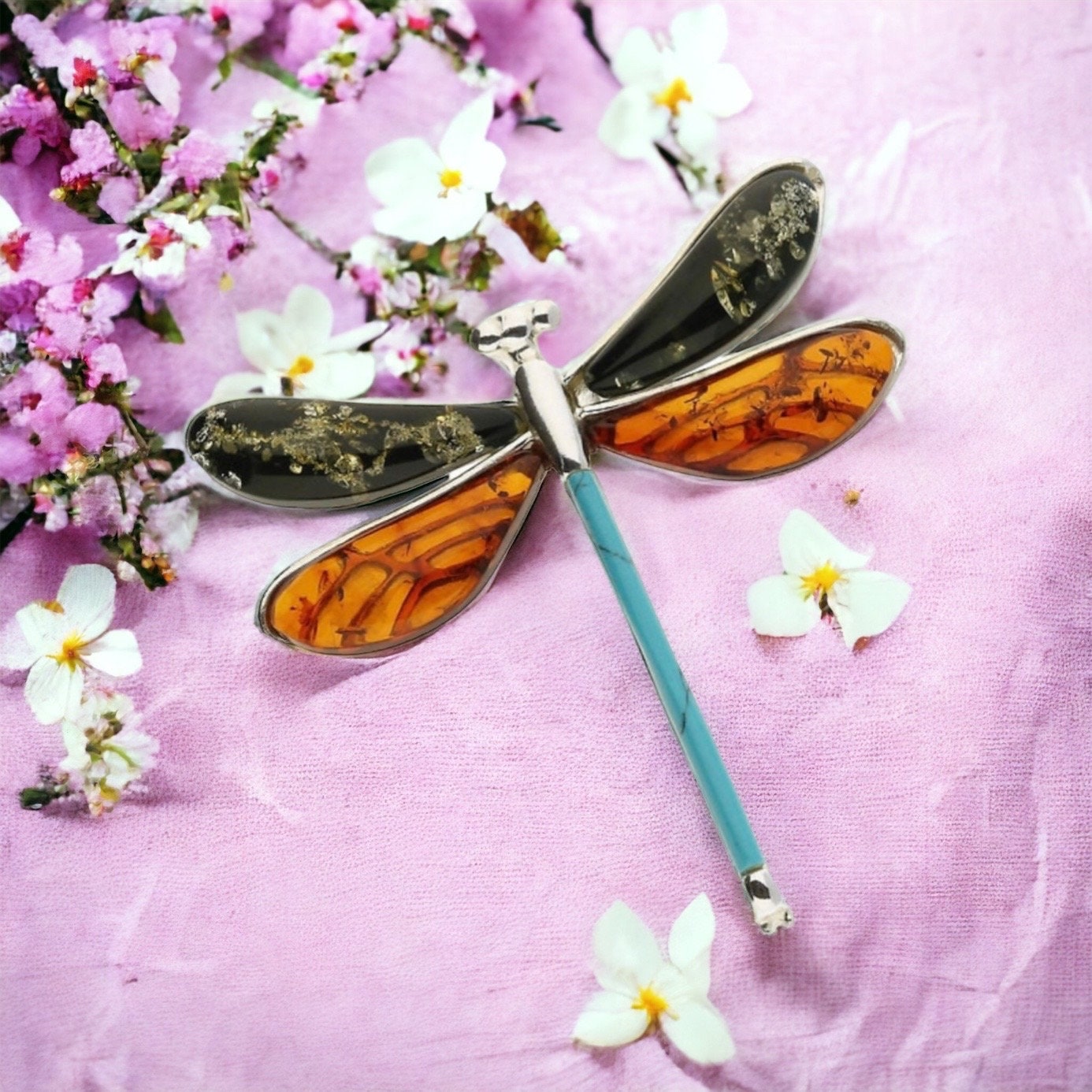 Beautiful Mixed Amber and Turquoise Dragonfly Necklace