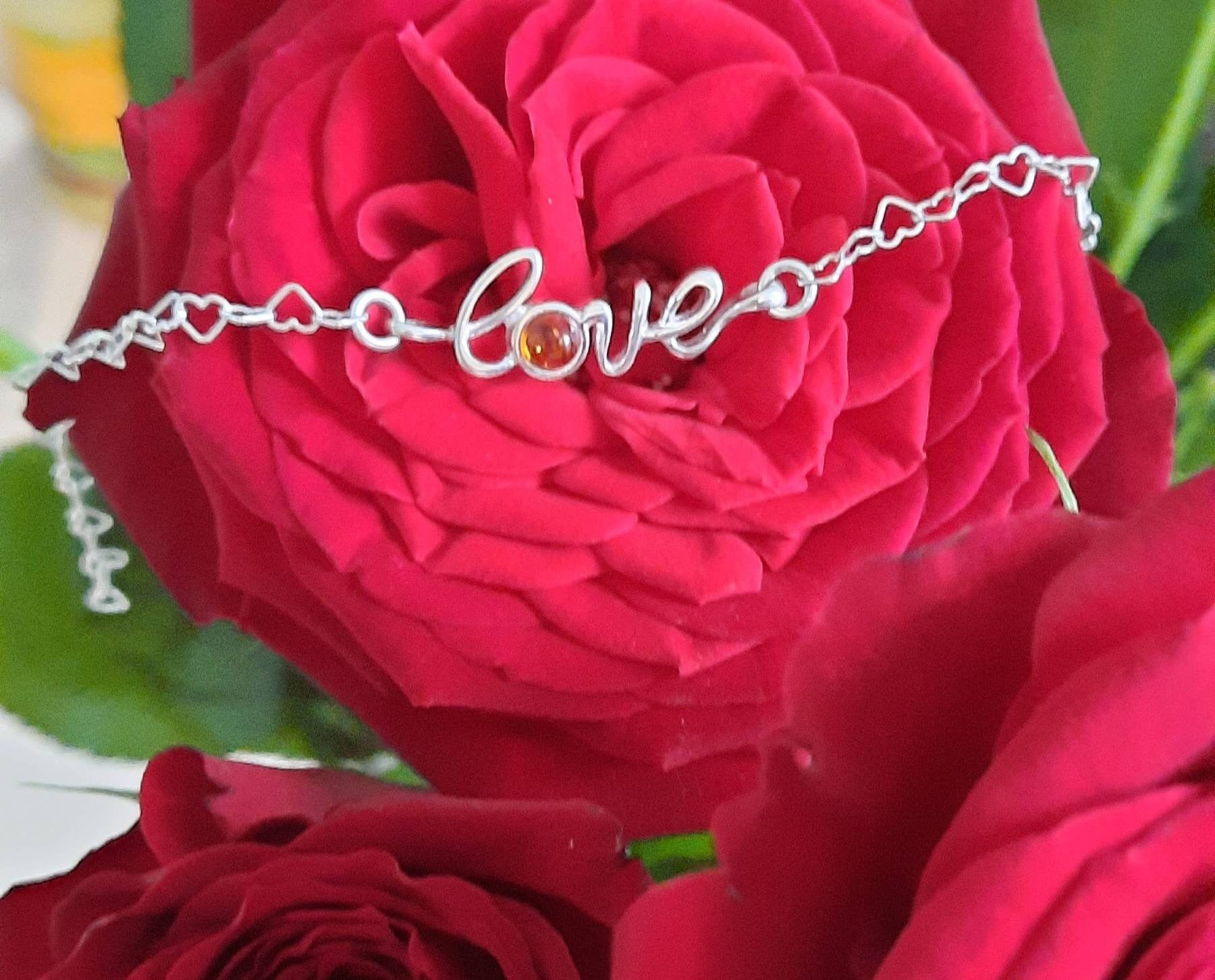 LOVE Cognac Amber Valentines Sterling Silver Bracelet