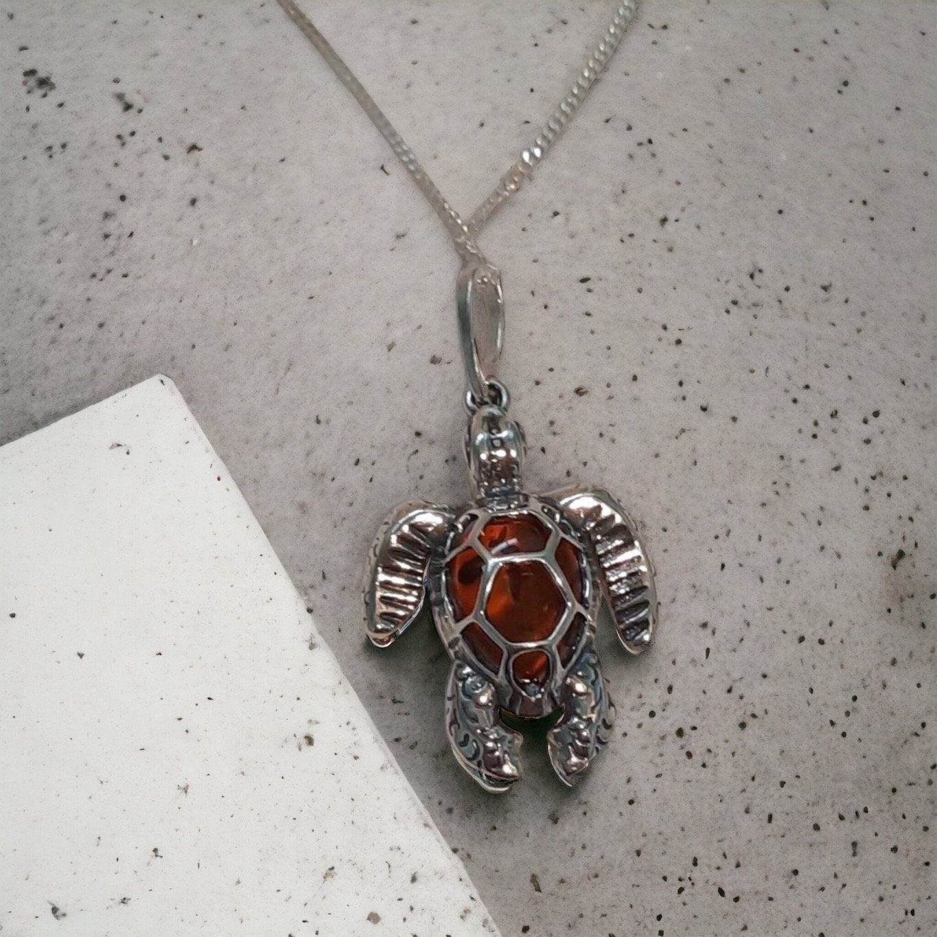 Beautiful Sterling Silver Cognac Amber Sea Turtle Necklace