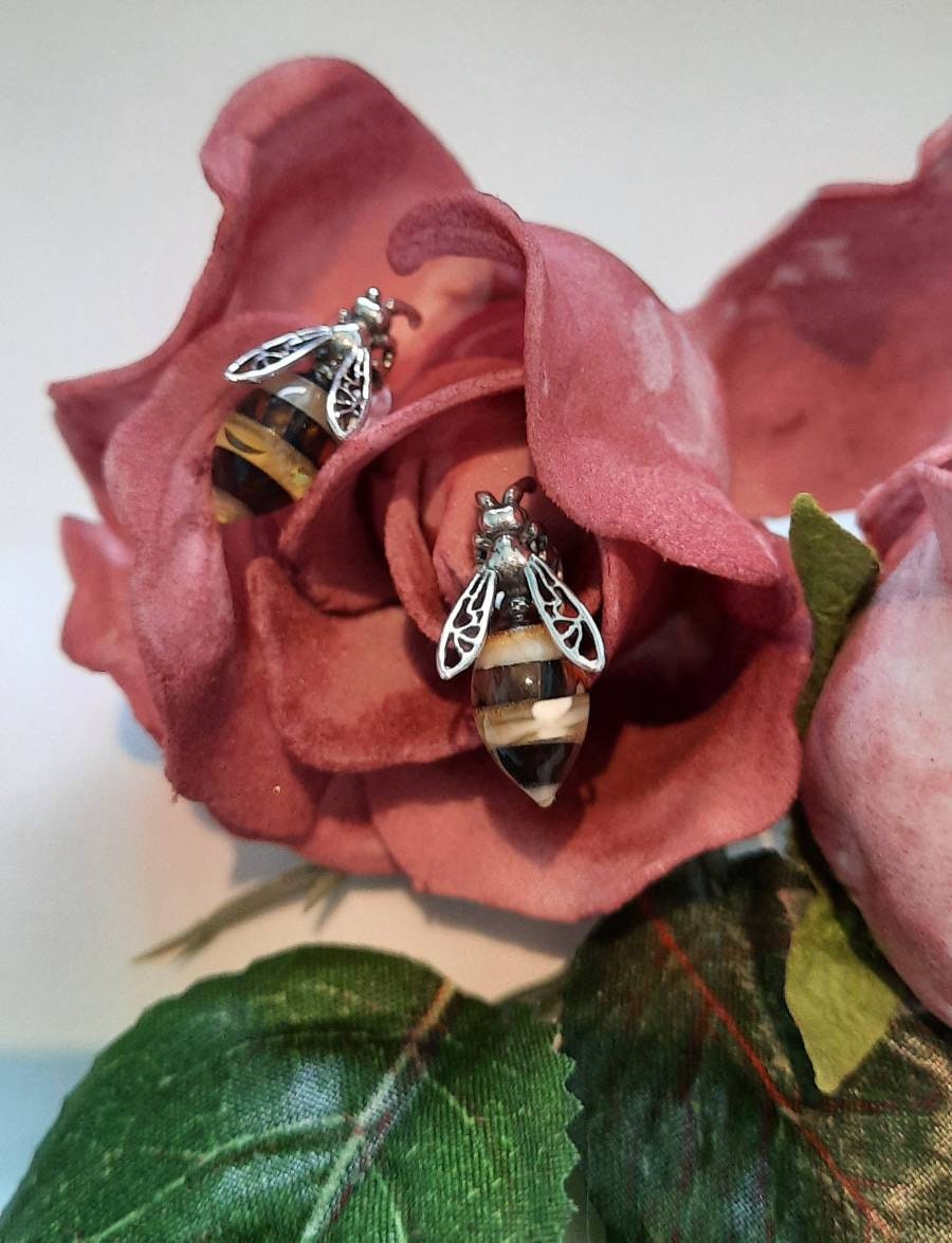 Stunning Designer Bee Earrings made of solid sterling silver 925 with amber stones.