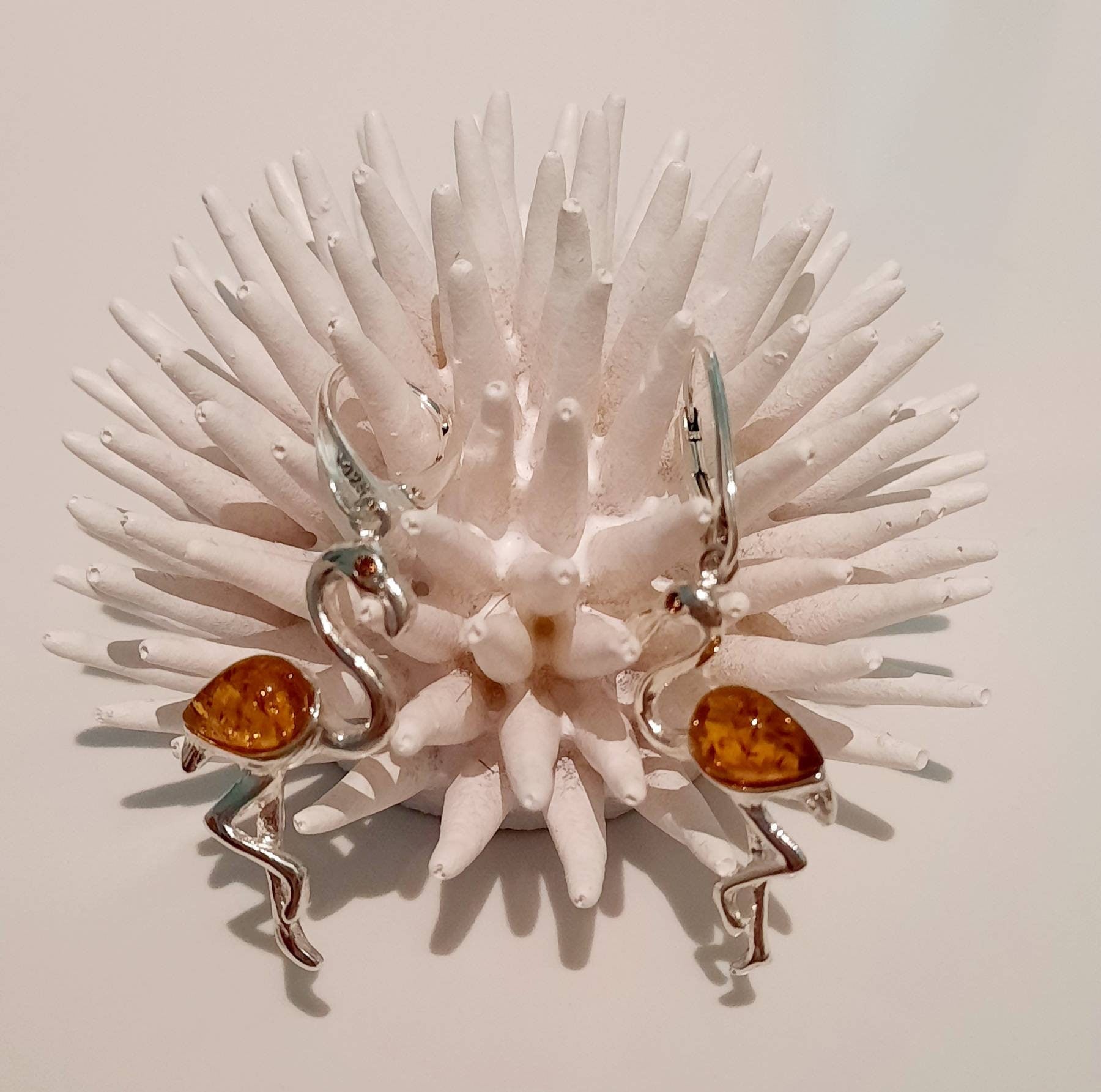 Beautiful Sterling Silver Cognac Amber Flamingo Necklace and Earring Set.