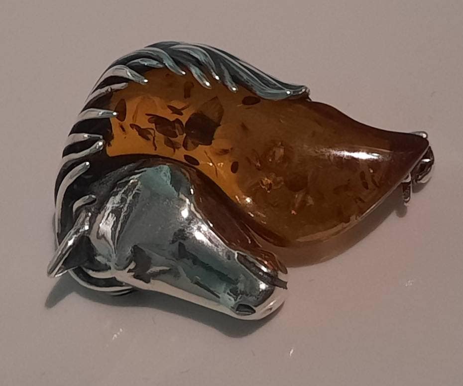 Beautiful Sterling Silver and Cognac Amber Horse Brooch