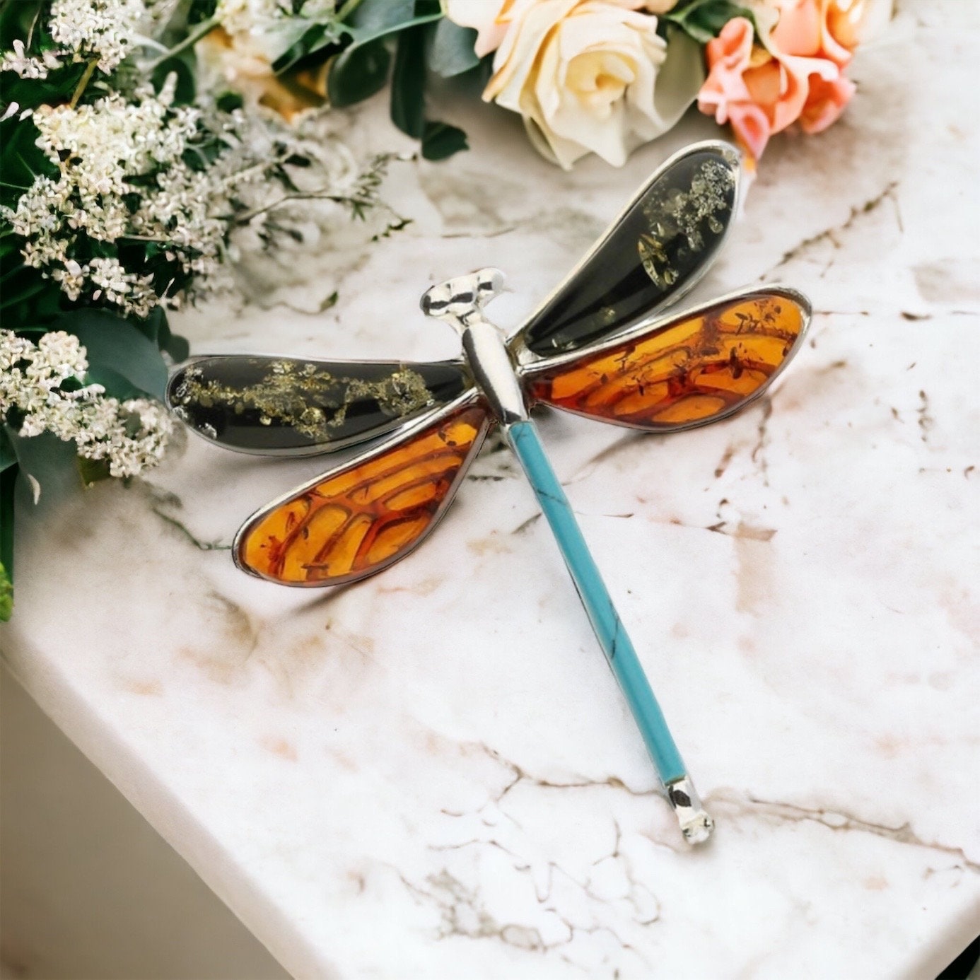 Beautiful Mixed Amber and Turquoise Dragonfly Necklace