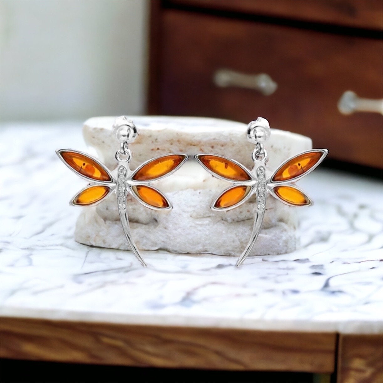Beautiful amber dragonfly drop stud earrings