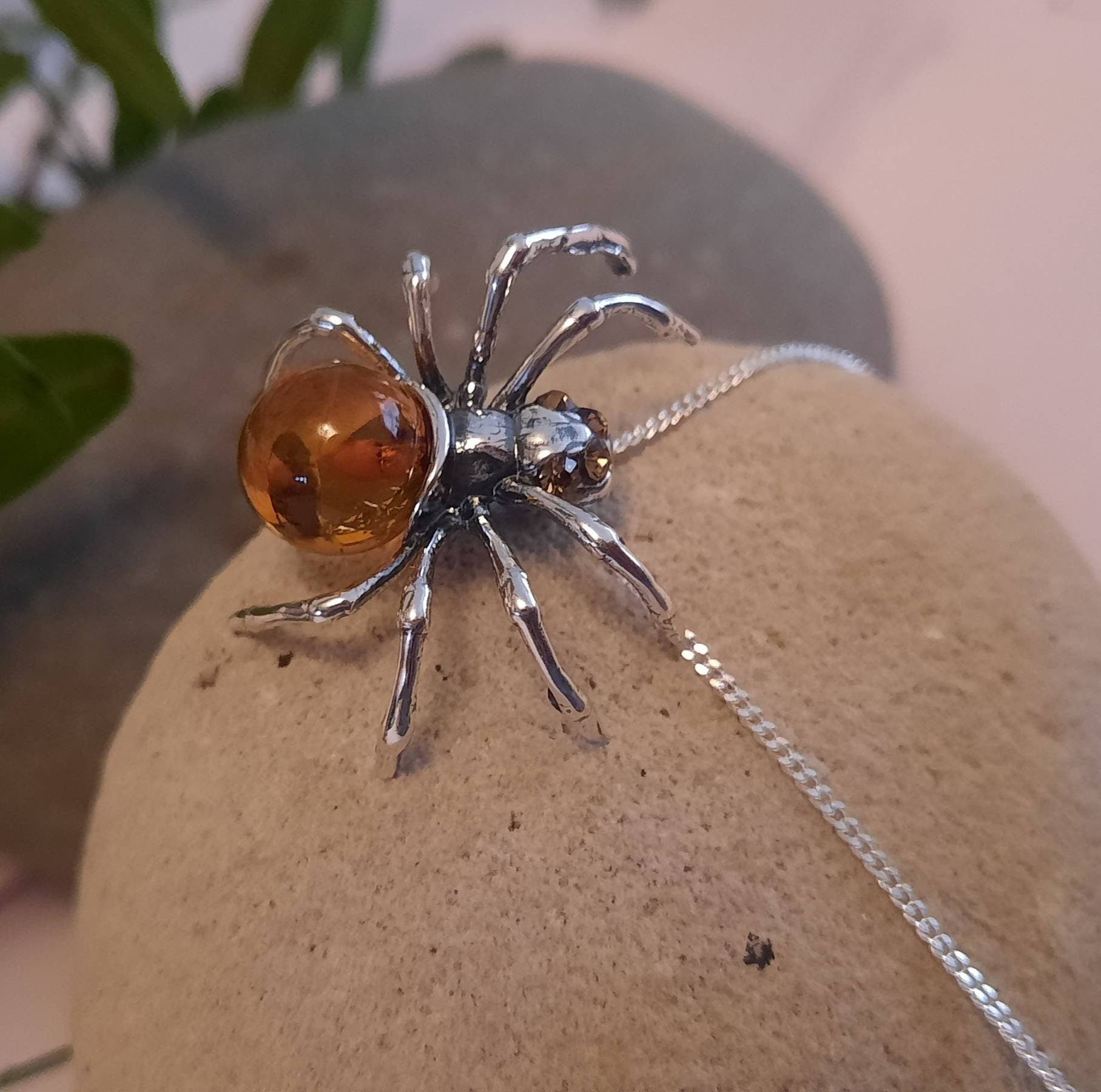 Beautiful Sterling Silver and Cognac Amber Spider Necklace