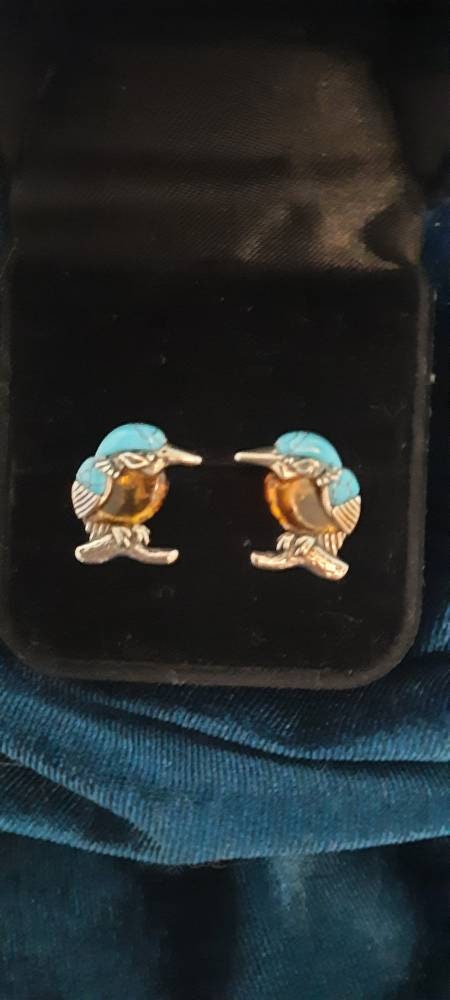 Beautiful Turquoise And Baltic Cognac Amber Kingfisher Earrings.