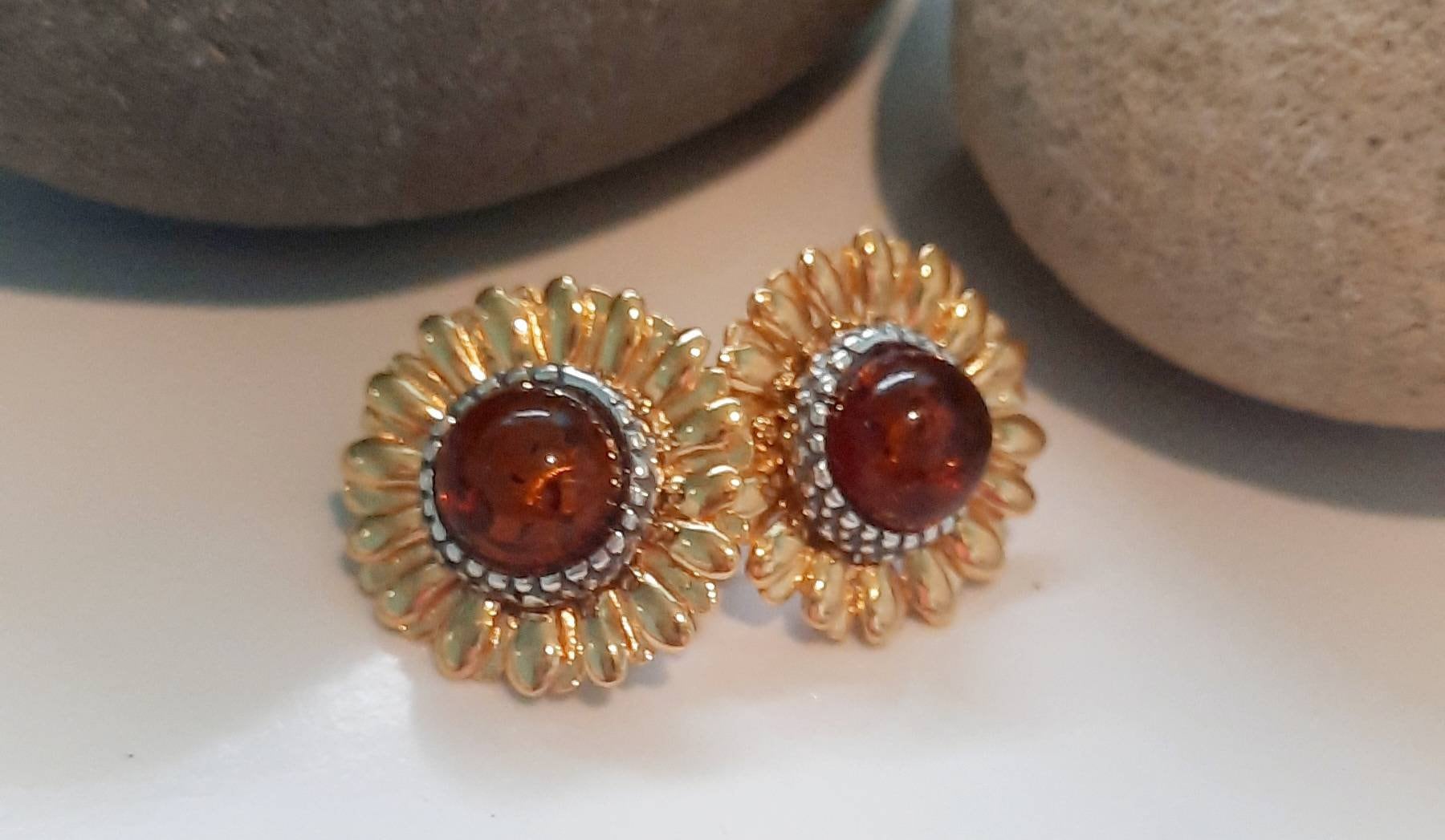 Beautiful Cognac Amber Sunflower Earrings