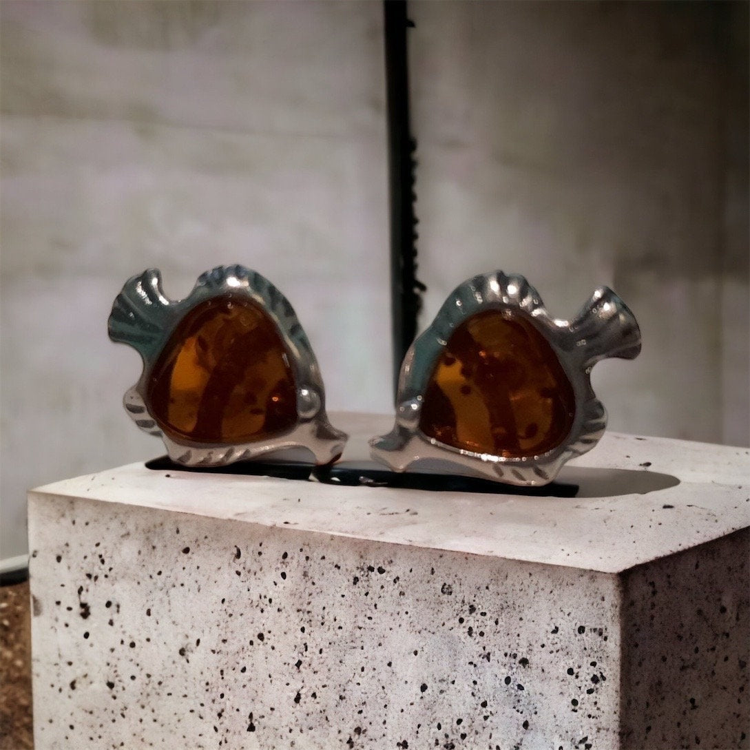 Beautiful Angel Fish Sterling Silver and Cognac Amber Stone Stud Earrings