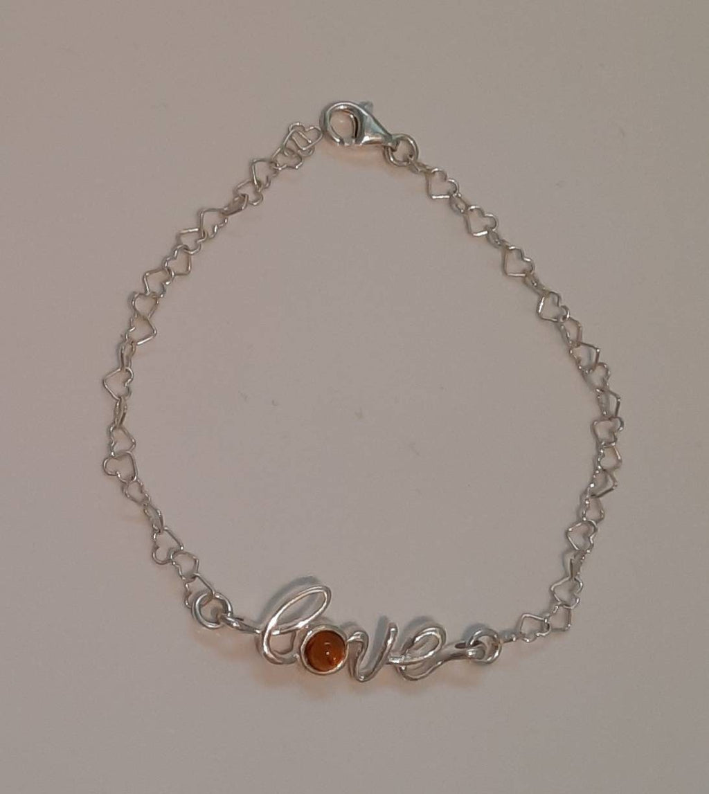 LOVE Cognac Amber Valentines Sterling Silver Bracelet