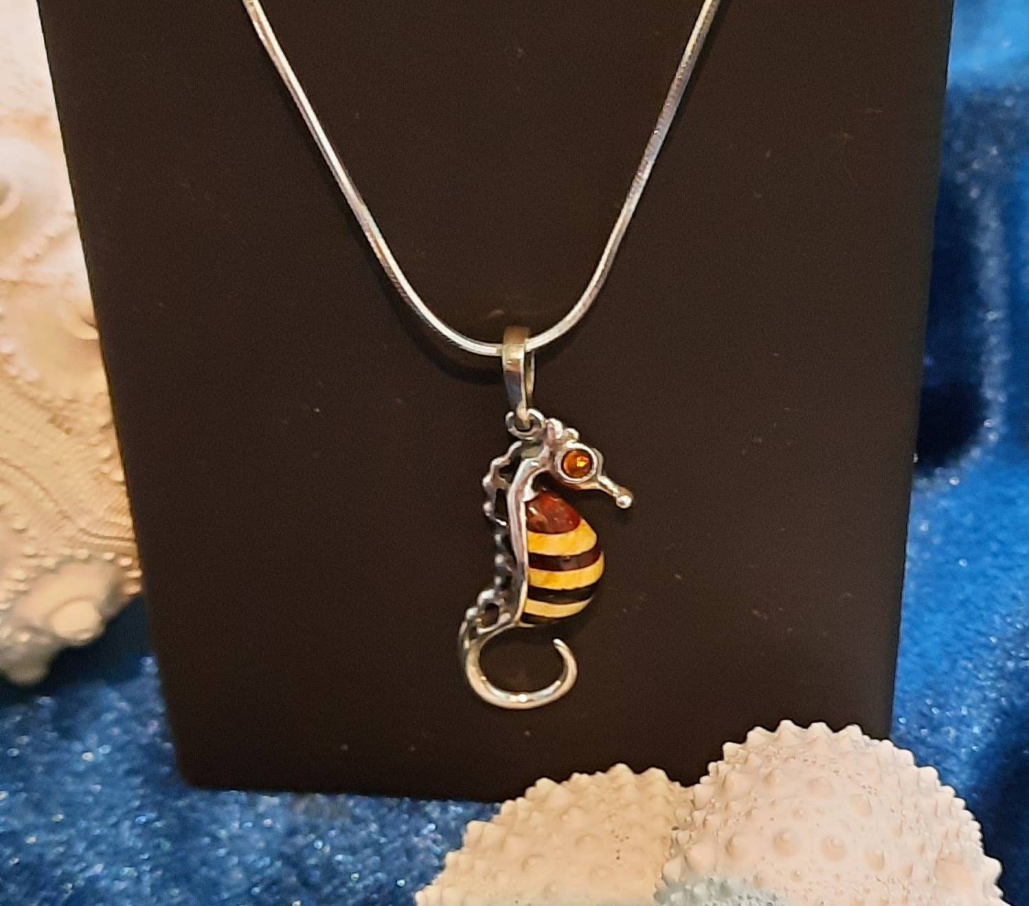 Beautiful Sterling Silver Amber Seahorse Necklace