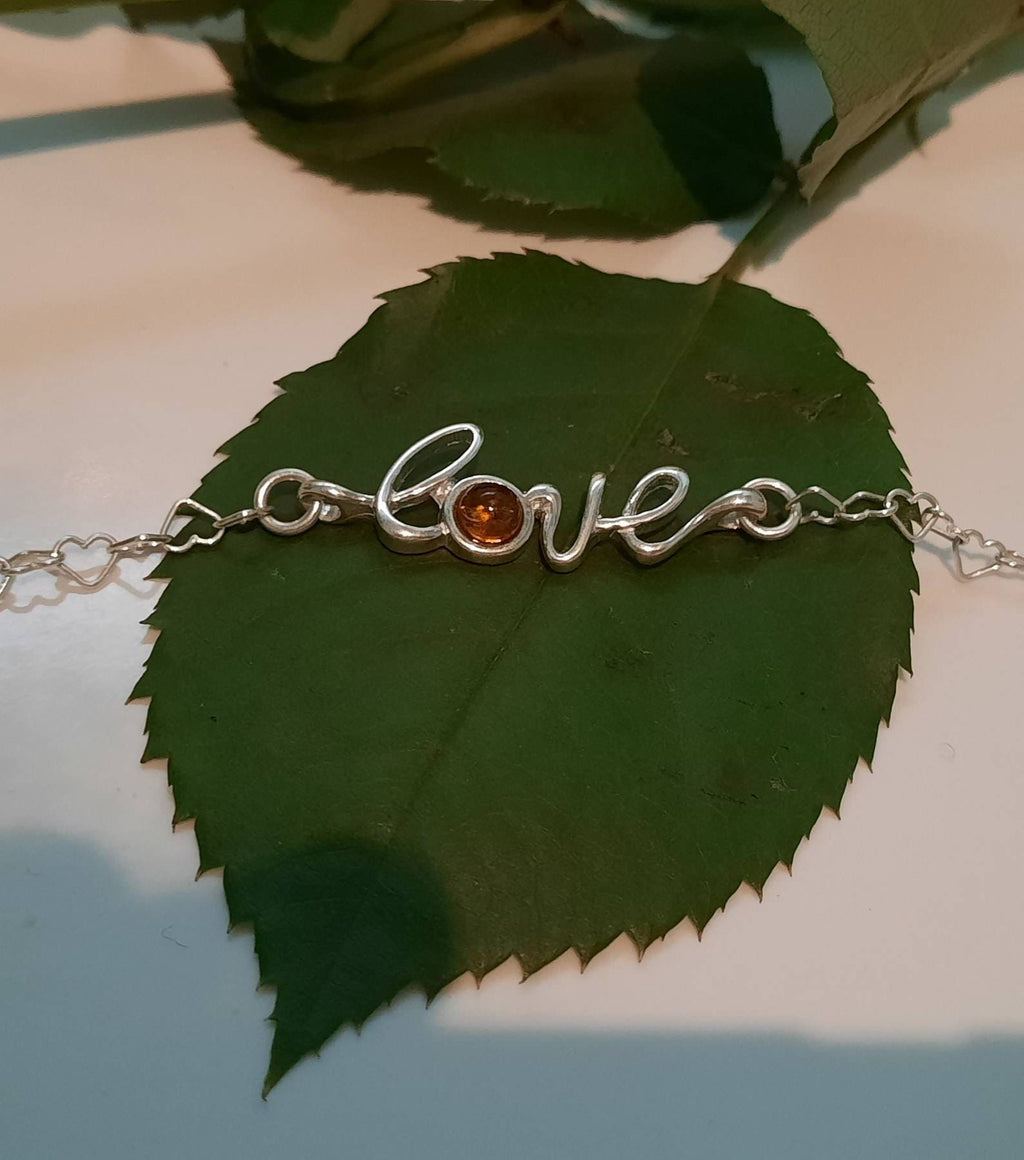 LOVE Cognac Amber Valentines Sterling Silver Bracelet