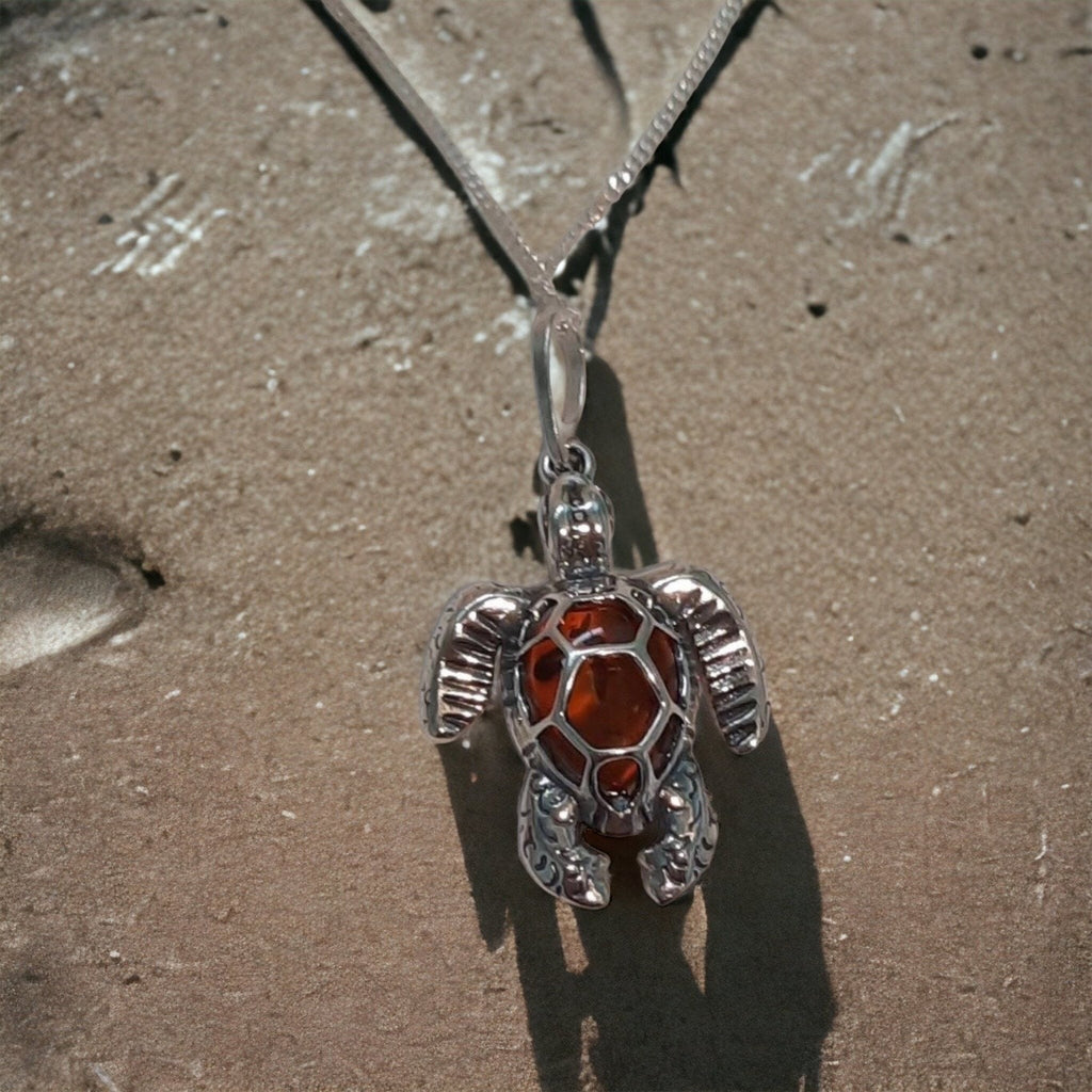 Beautiful Sterling Silver Cognac Amber Sea Turtle Necklace