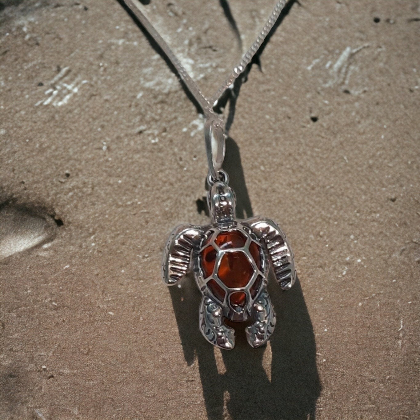Beautiful Sterling Silver Cognac Amber Sea Turtle Necklace