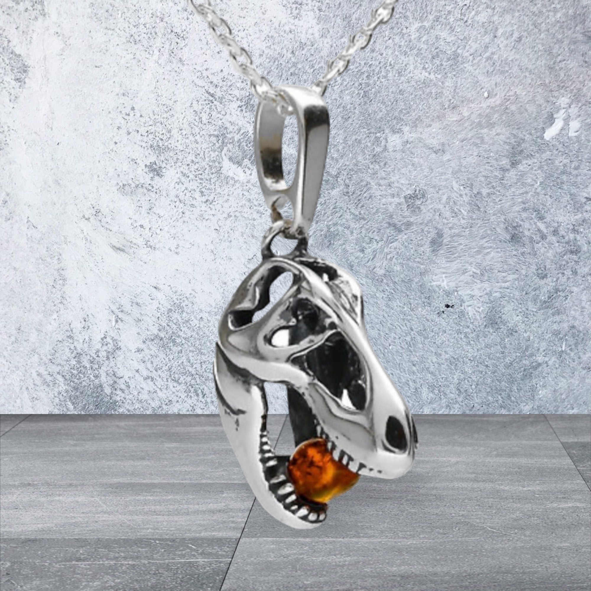 Stunning T-Rex Silver and Cognac Amber Necklace