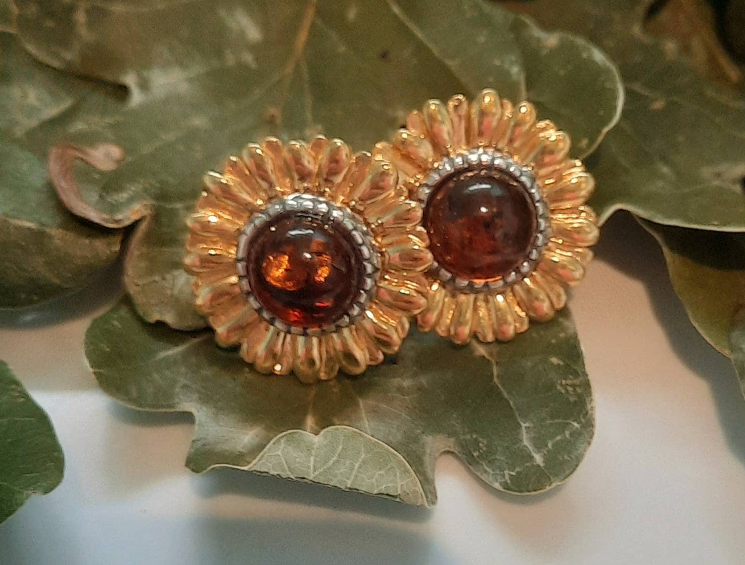 Beautiful Cognac Amber Sunflower Earrings
