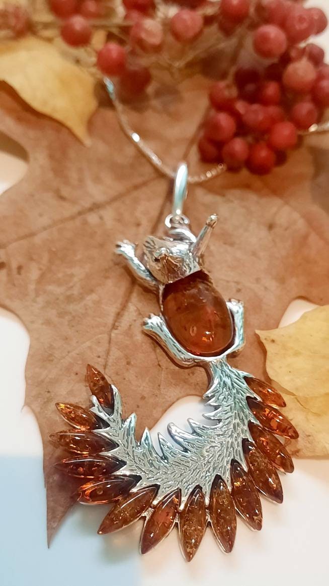 Beautiful Cognac Amber Squirrel Necklace
