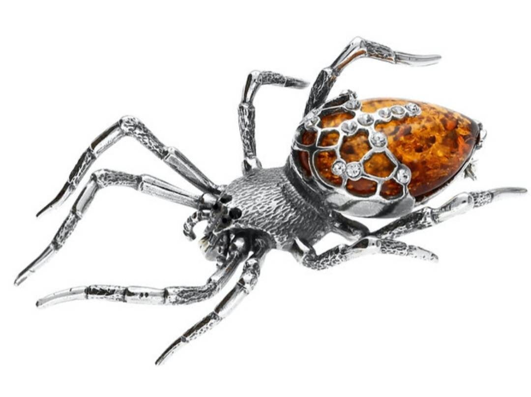 Beautiful Sterling Silver and Natural Cognac Amber Spider Brooch