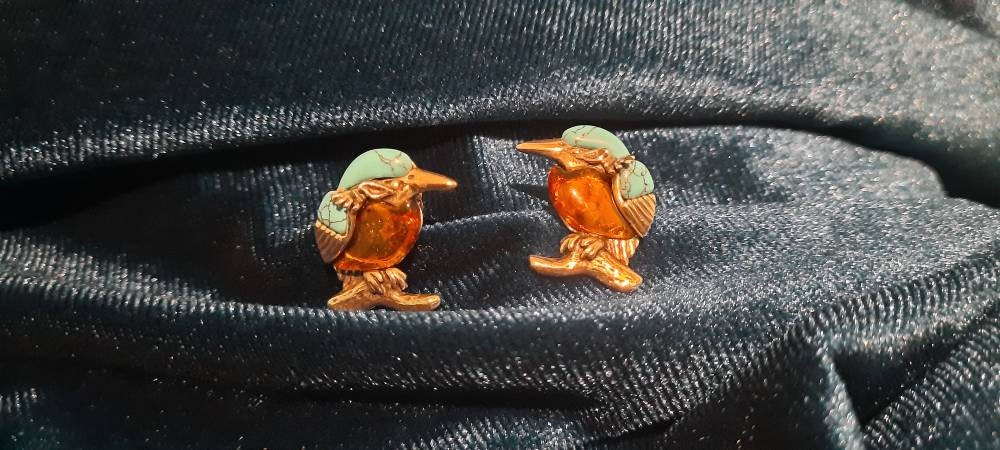 Beautiful Turquoise And Baltic Cognac Amber Kingfisher Earrings.