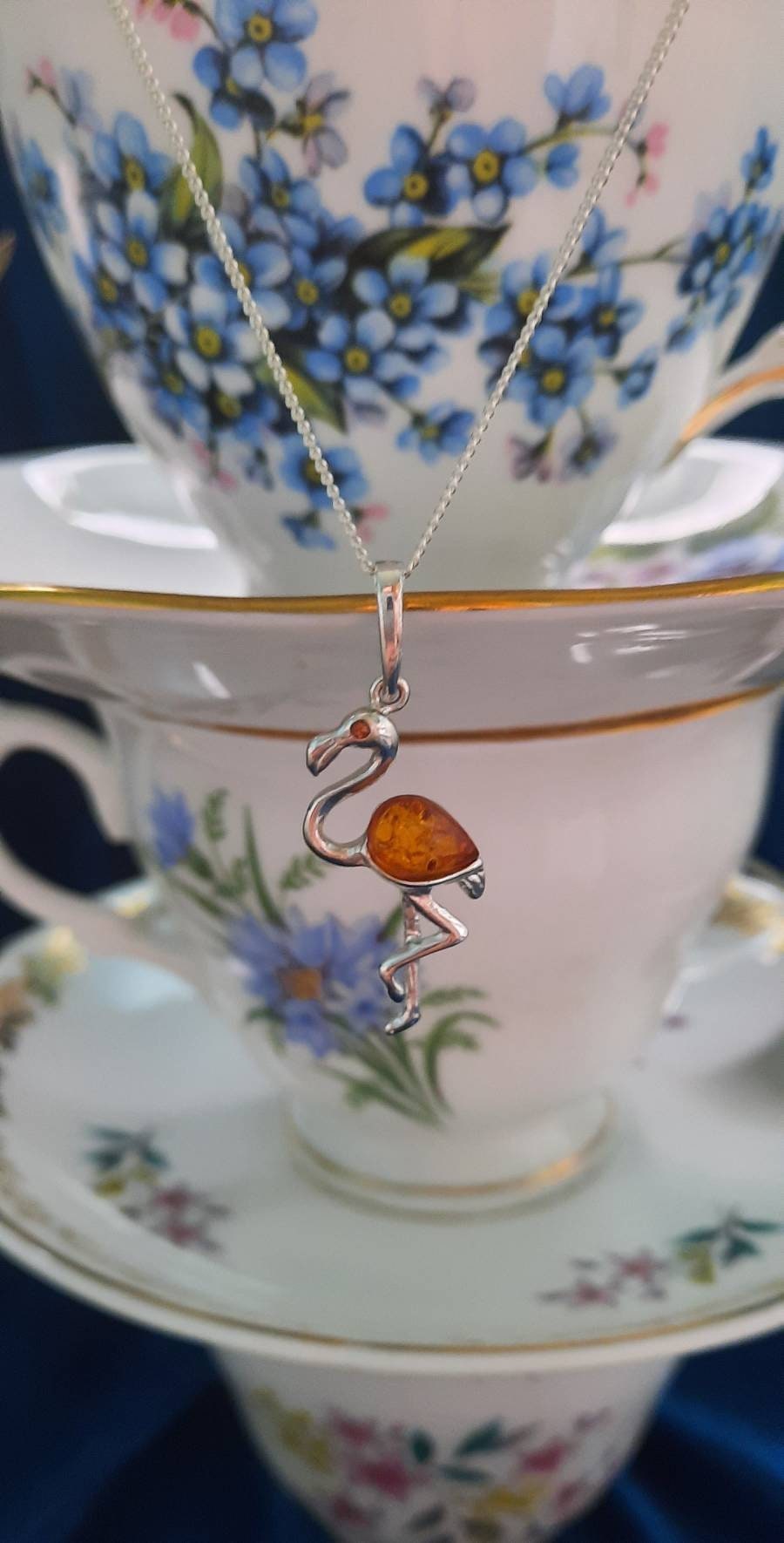 Beautiful Sterling Silver Cognac Amber Flamingo Necklace and Earring Set.