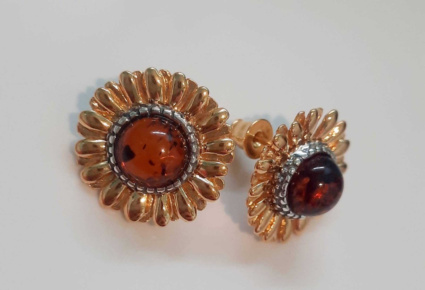 Beautiful Cognac Amber Sunflower Earrings