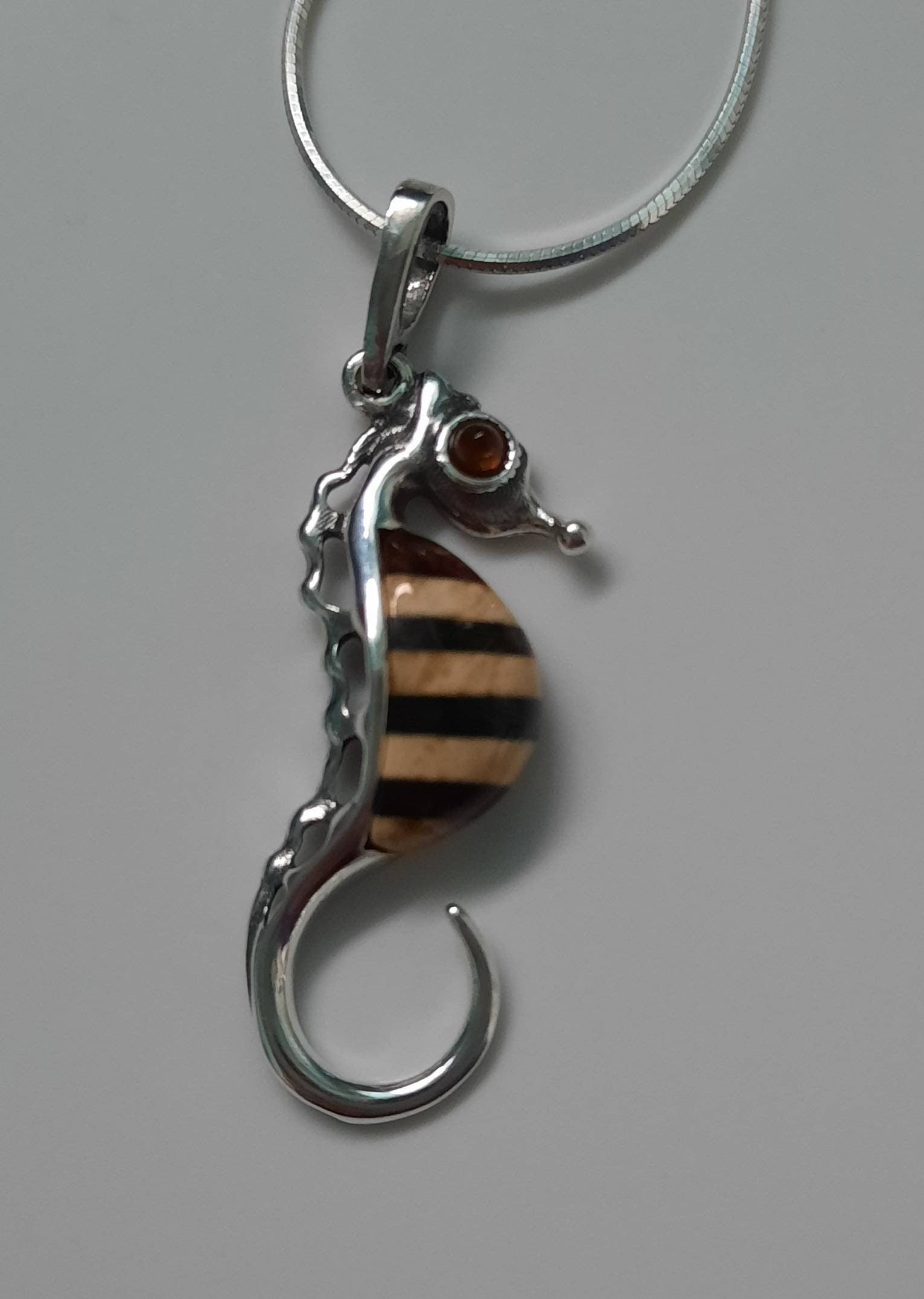 Beautiful Sterling Silver Amber Seahorse Necklace
