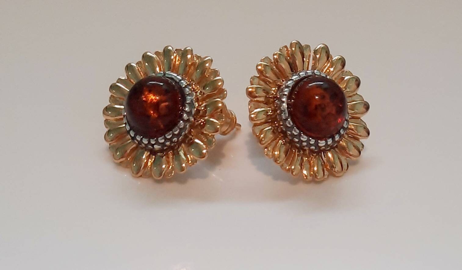 Beautiful Cognac Amber Sunflower Earrings