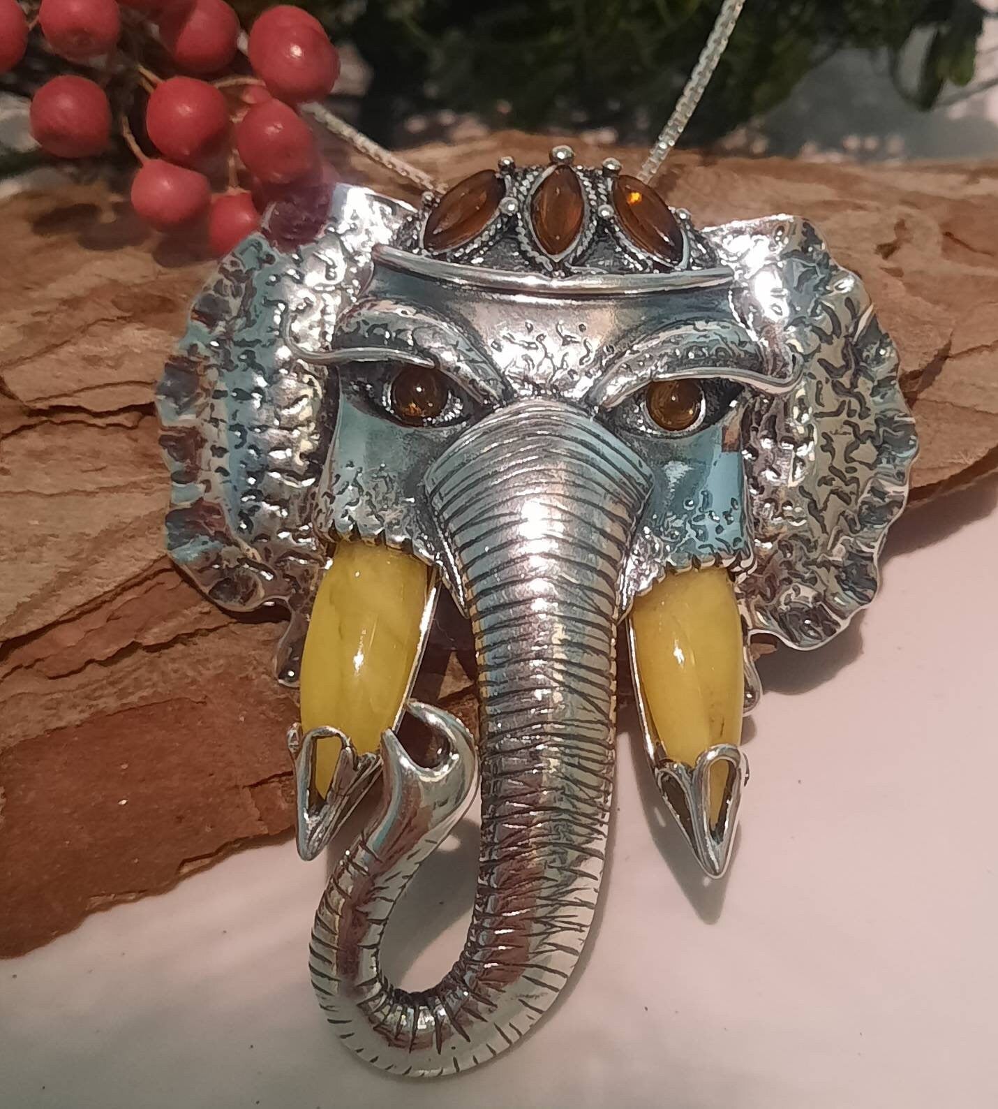 Stunning Large Amber Elephant Necklace
