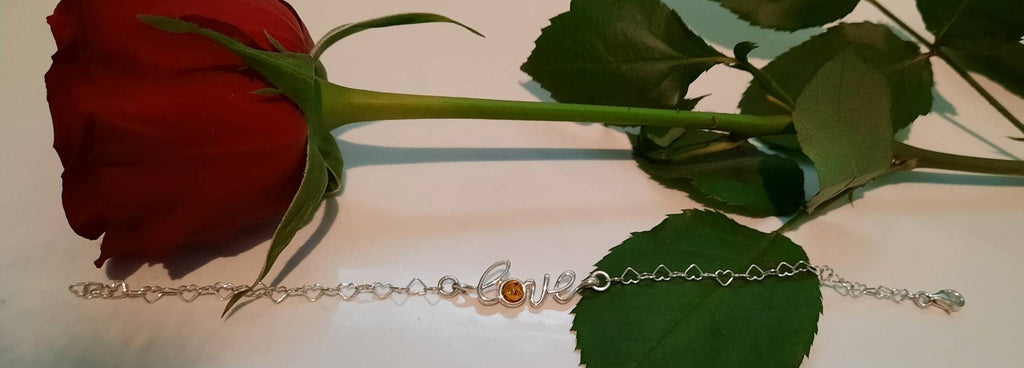 LOVE Cognac Amber Valentines Sterling Silver Bracelet