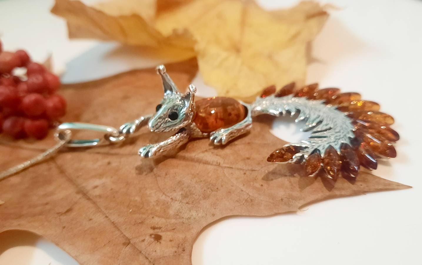 Beautiful Cognac Amber Squirrel Necklace