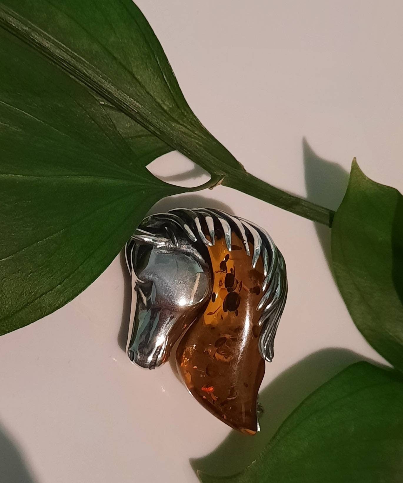 Beautiful Sterling Silver and Cognac Amber Horse Brooch